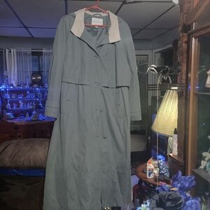 'Fleet Street' Women's Long Gray/Green Lined Hooded Trench Raincoat